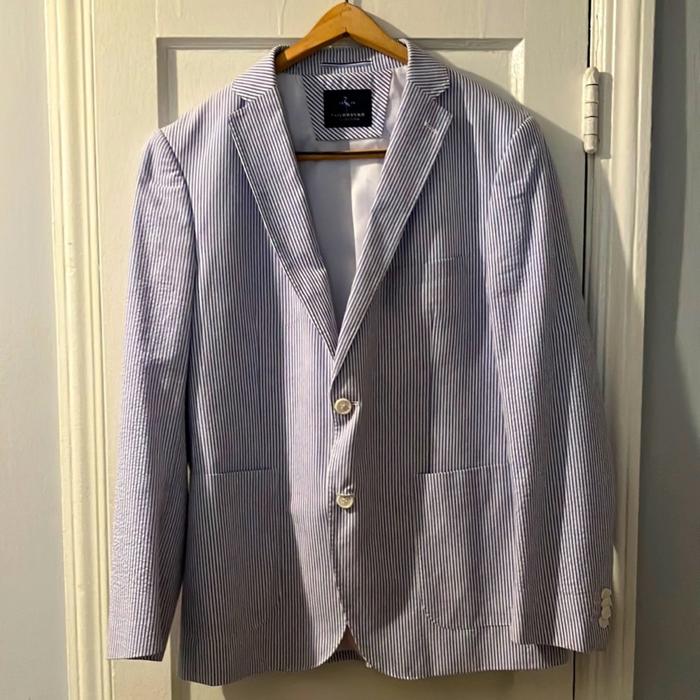 Seersucker Jacket by Tailorbyrd - Blue and white